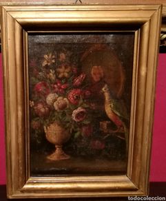 Arte: NATURALEZA MUERTA CON JARRÓN DE FLORES Y PAPAGAYO. ESCUELA ESPAÑOLA DEL S.XIX.